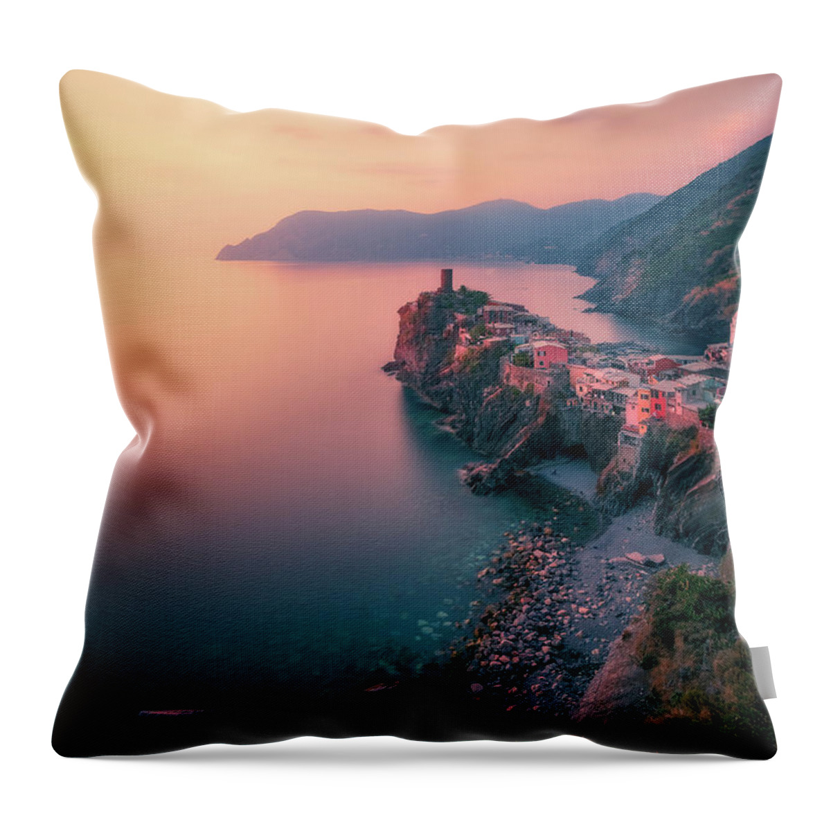 Sunset Throw Pillow featuring the photograph Vernazza Sunset #1 by Henry w Liu