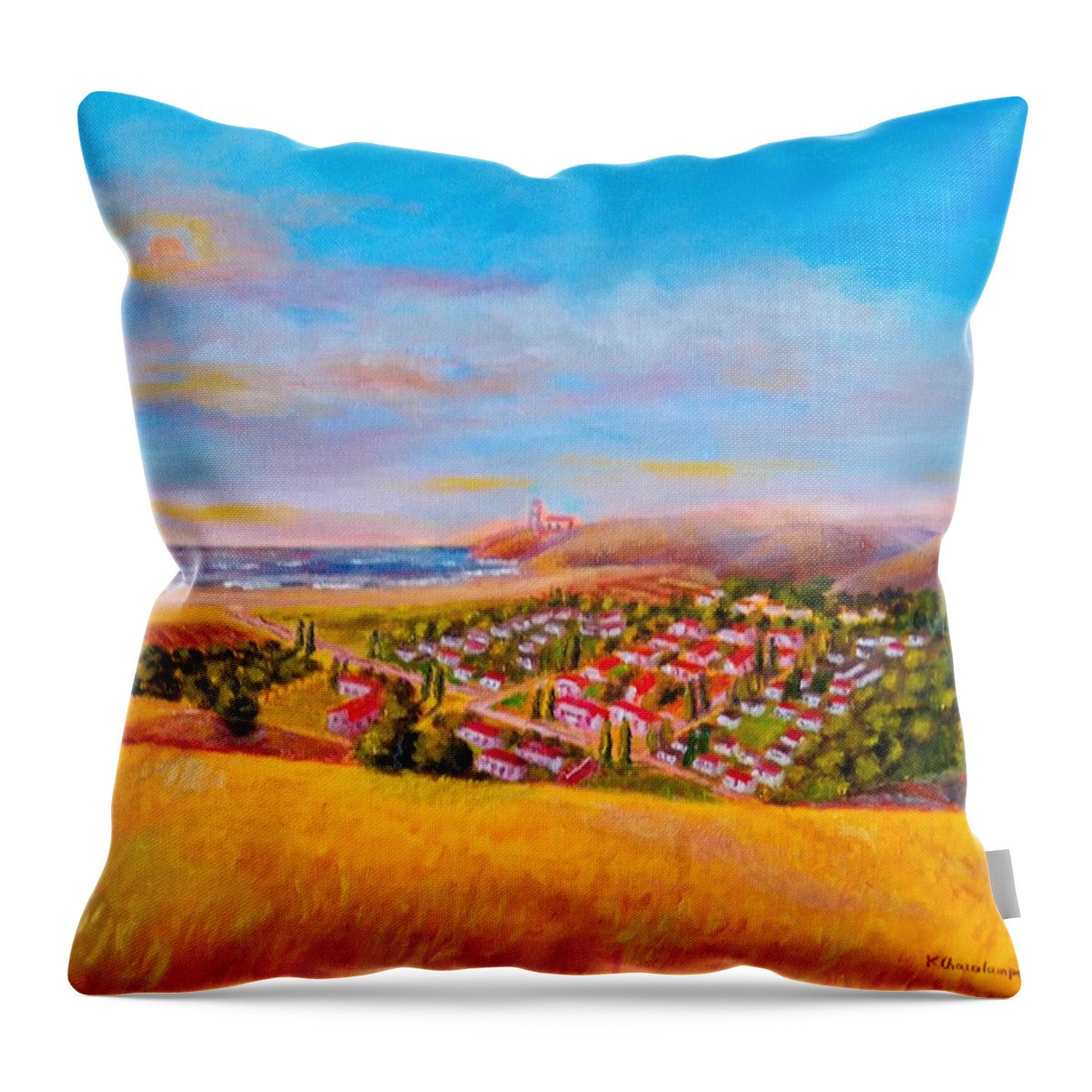 Originals Throw Pillow featuring the painting View from hill by Konstantinos Charalampopoulos