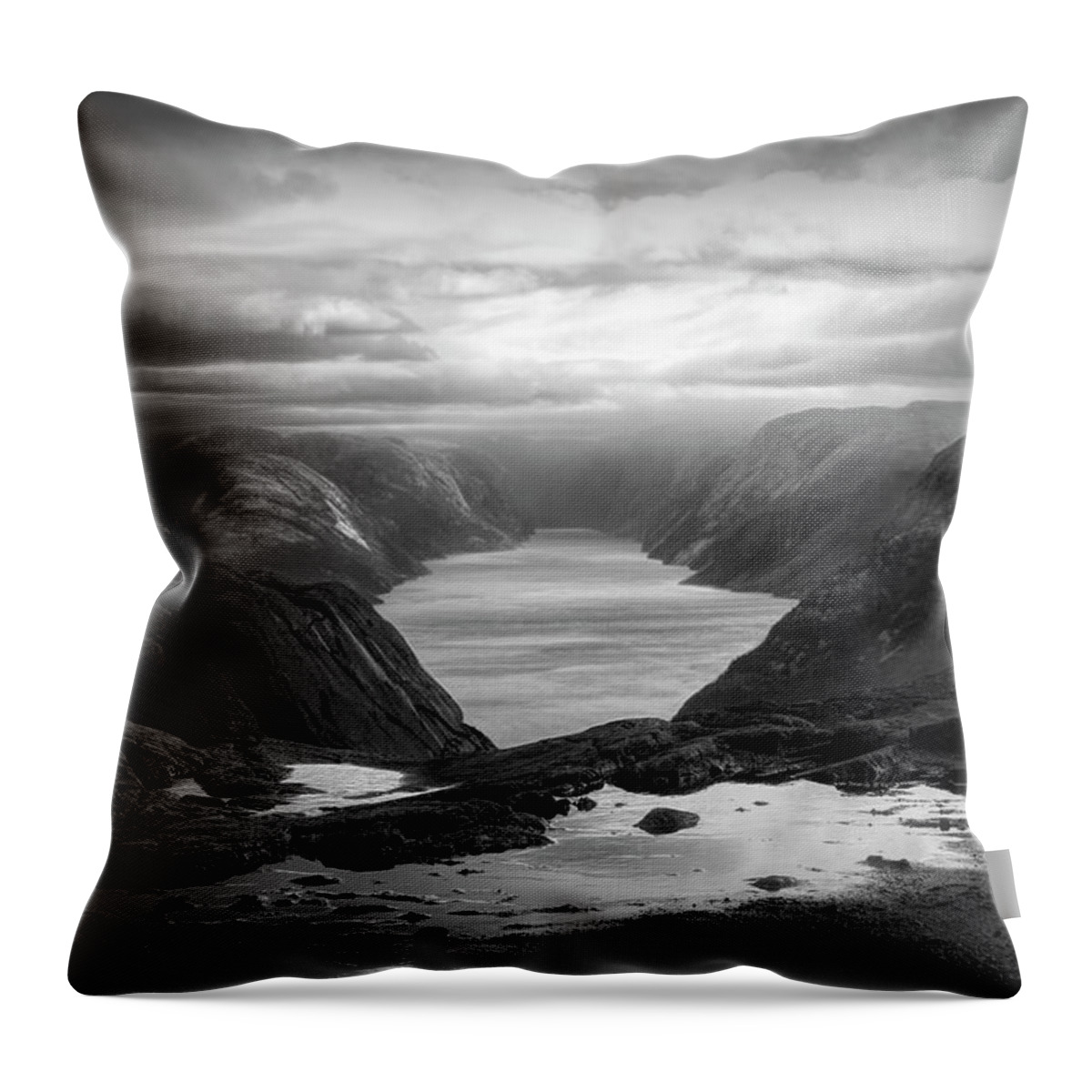 Clouds Throw Pillow featuring the photograph View from the Top of Preikestolen The Pulpit Rock Black and Whit by Debra and Dave Vanderlaan