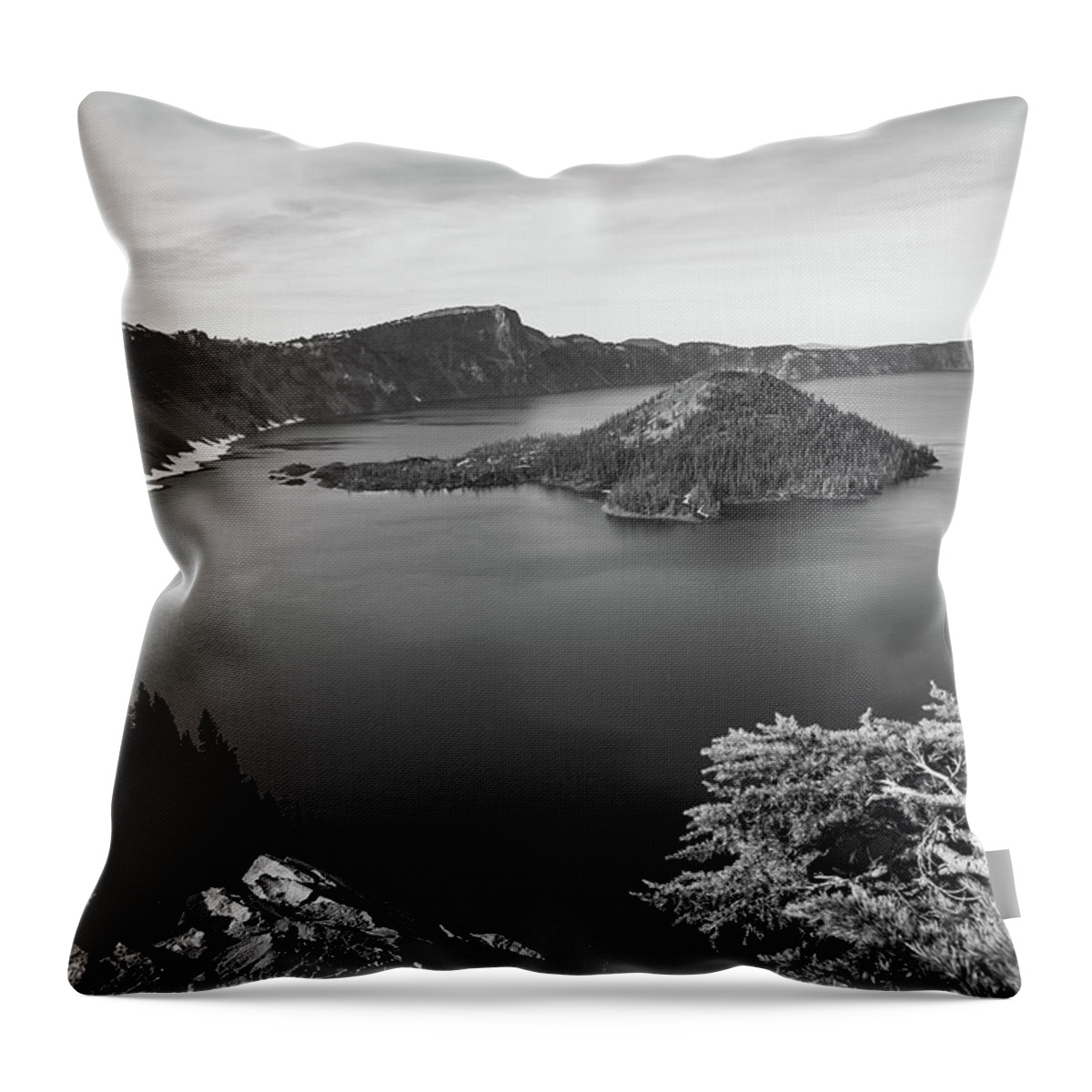 Crater Lake Throw Pillow featuring the photograph View of Crater Lake in monochrome by Aashish Vaidya