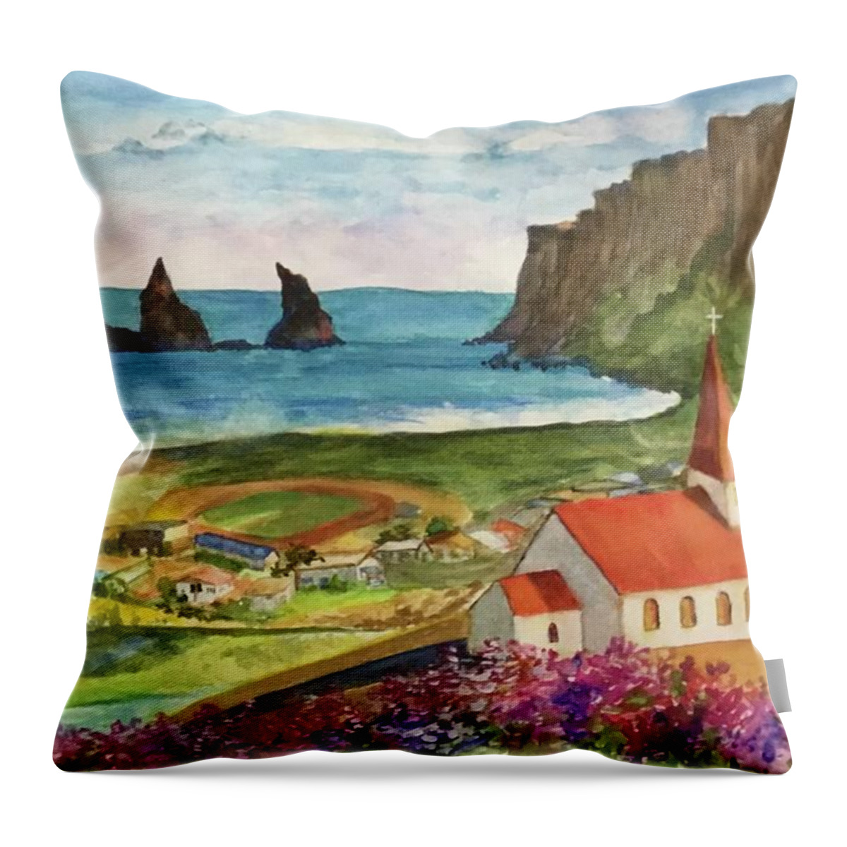 Vik Throw Pillow featuring the painting View of Iceland by Cheryl Wallace