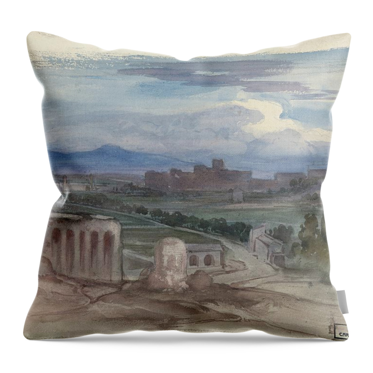 Roman Throw Pillow featuring the painting View of the Roman Campagna with an Aquaduct mid- century Karl von Blaas Austrian by Celestial Images