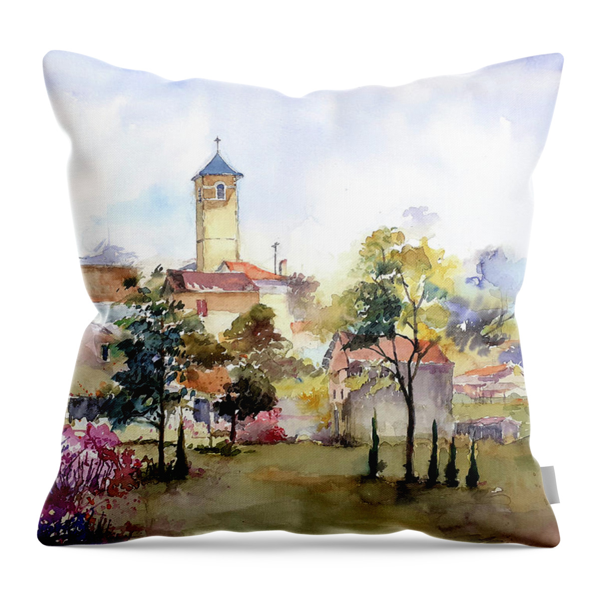 A Village In The South West Og France 'caresse' Is The Name Who Makes People Do Not Forget It Throw Pillow featuring the painting Village CARRESSE 64 by Kim PARDON