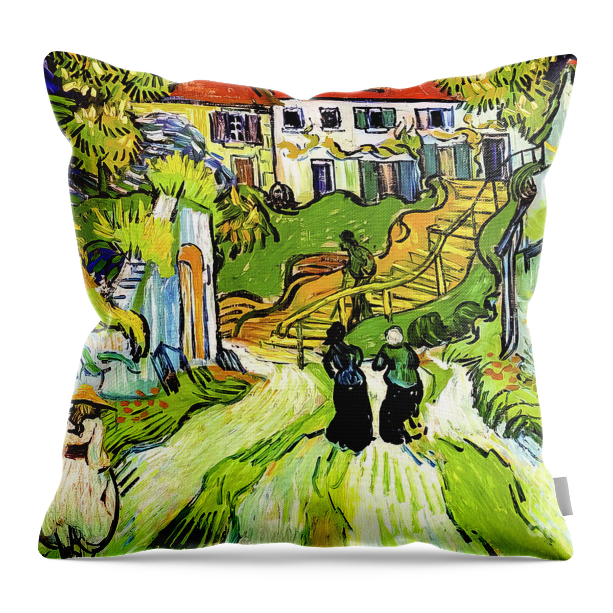Village Throw Pillow featuring the painting Village Street and Steps in Auvers by Vincent Van Gogh 1890 by Vincent Van Gogh