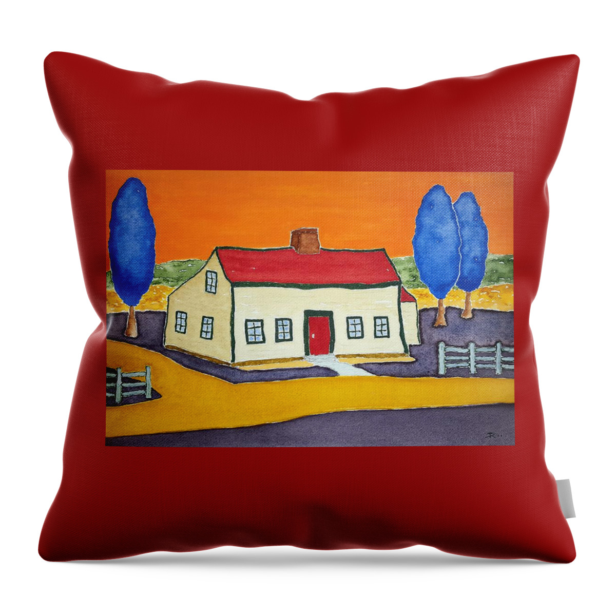 Watercolor Throw Pillow featuring the painting Vincent's Farmhouse by John Klobucher