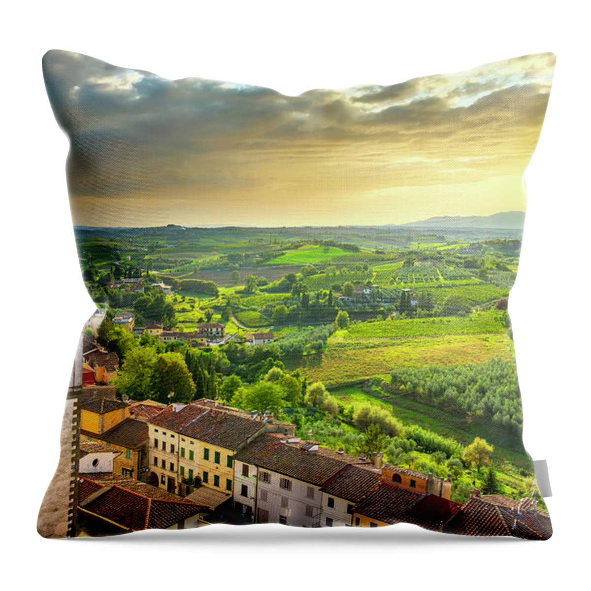 Vinci Throw Pillow featuring the photograph Vinci, Leonardo birthplace, view and bell tower of the church. F by Stefano Orazzini