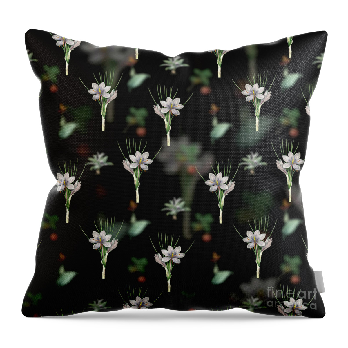Vintage Throw Pillow featuring the mixed media Vintage Autumn Crocus Floral Garden Pattern on Black n.2131 by Holy Rock Design