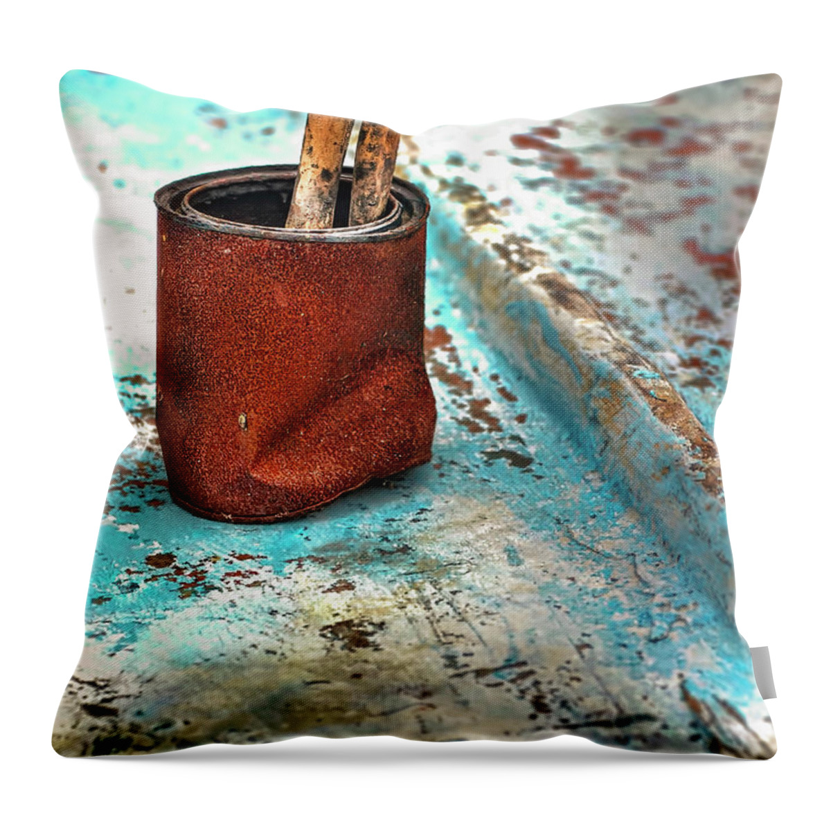Rowboat Throw Pillow featuring the photograph Rusted Paint Can On the Hull of a Wooden Rowboat by Cordia Murphy