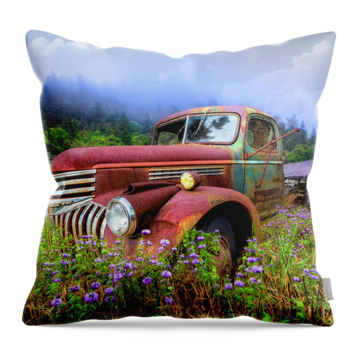 1941 Throw Pillow featuring the photograph Vintage Chevy PIckup Truck in the Mountain Wildflowers by Debra and Dave Vanderlaan