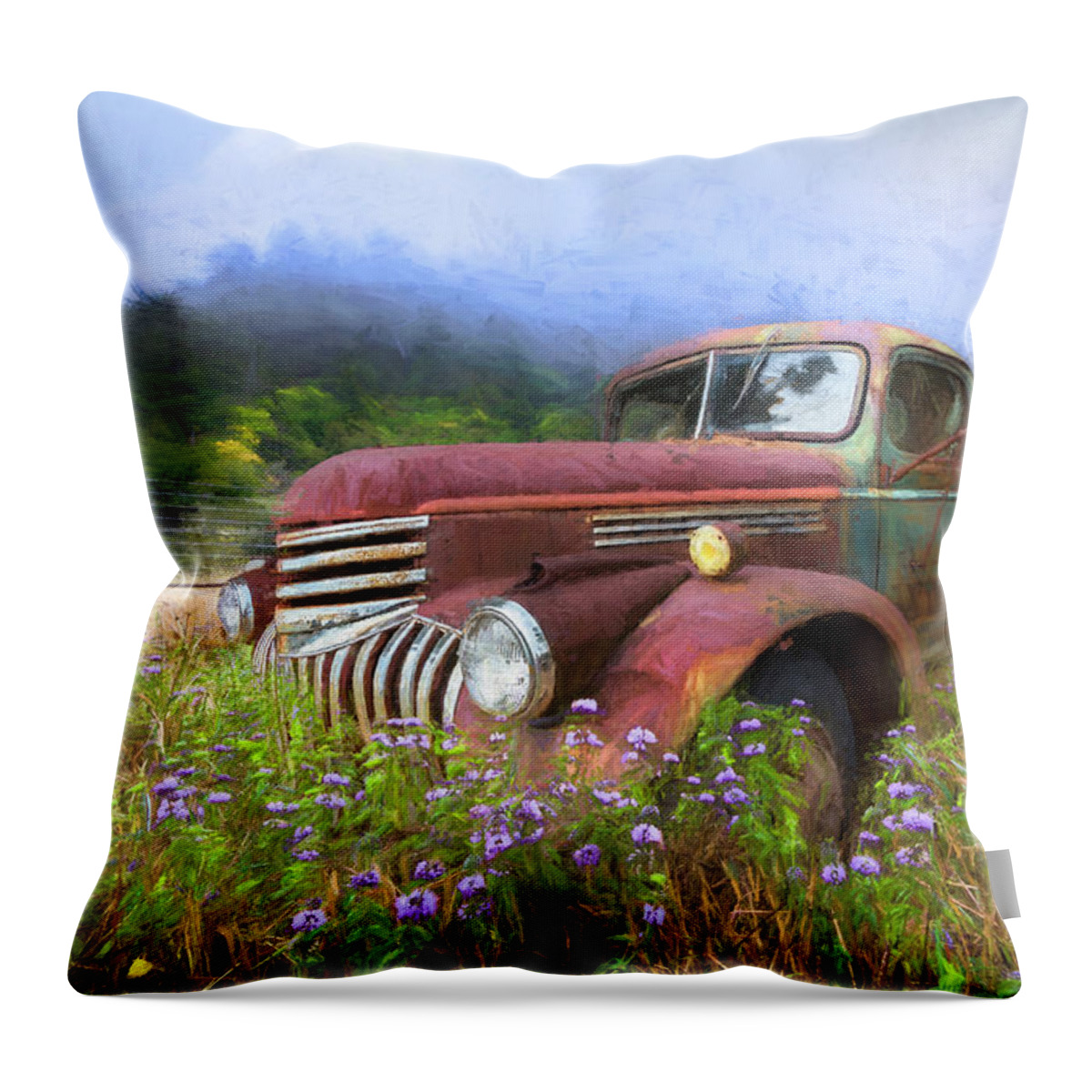 1941 Throw Pillow featuring the photograph Vintage Chevy PIckup Truck in the Mountain Wildflowers Painting by Debra and Dave Vanderlaan