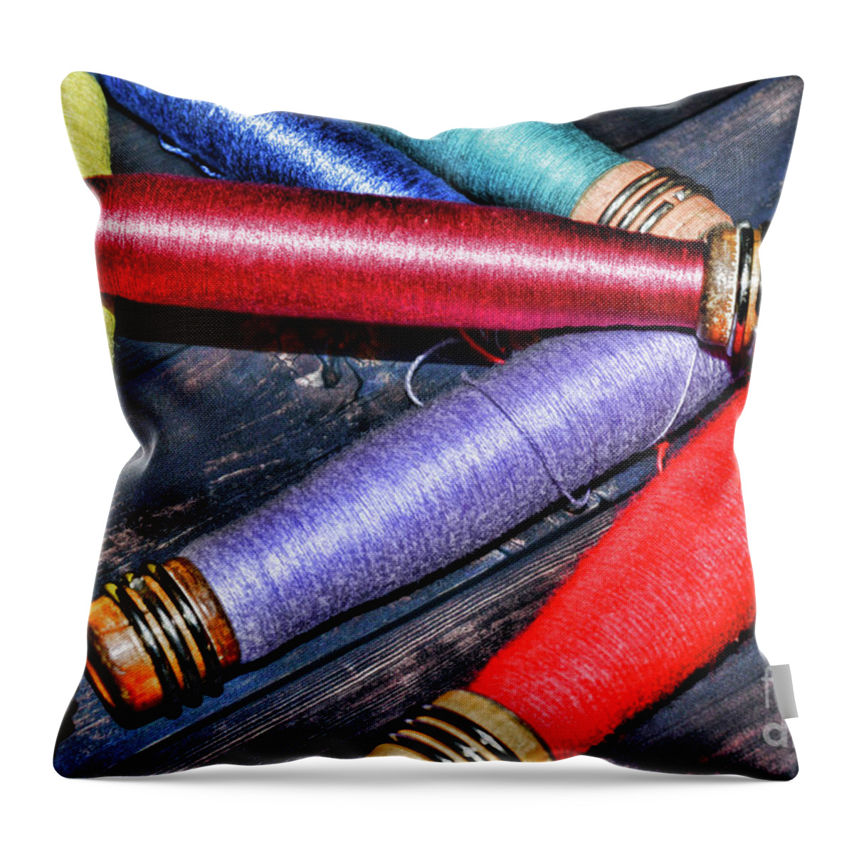Paul Ward Throw Pillow featuring the photograph Vintage Industrial Sewing Spools by Paul Ward