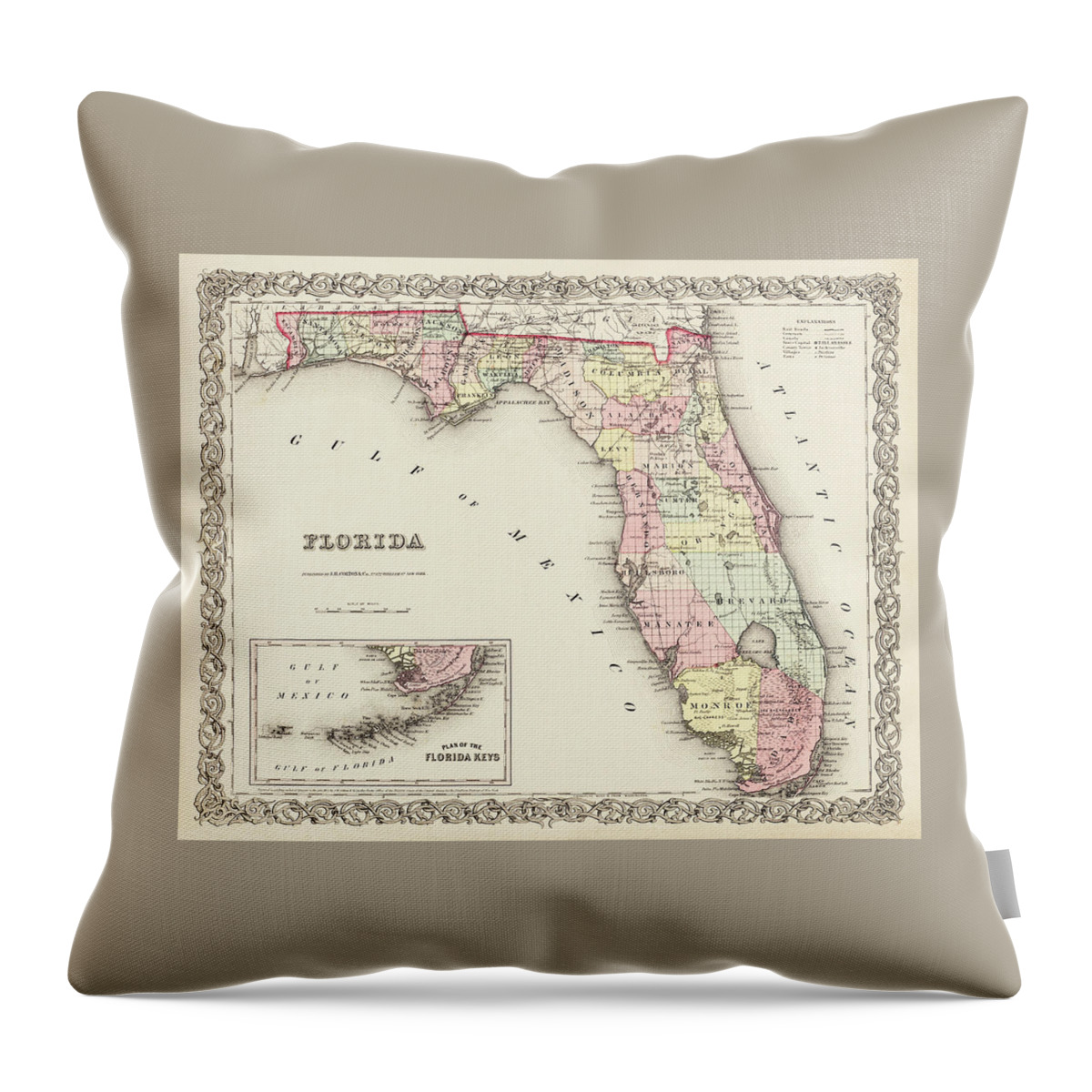 Florida Map Throw Pillow featuring the photograph Vintage Map State of Florida 1856 by Carol Japp