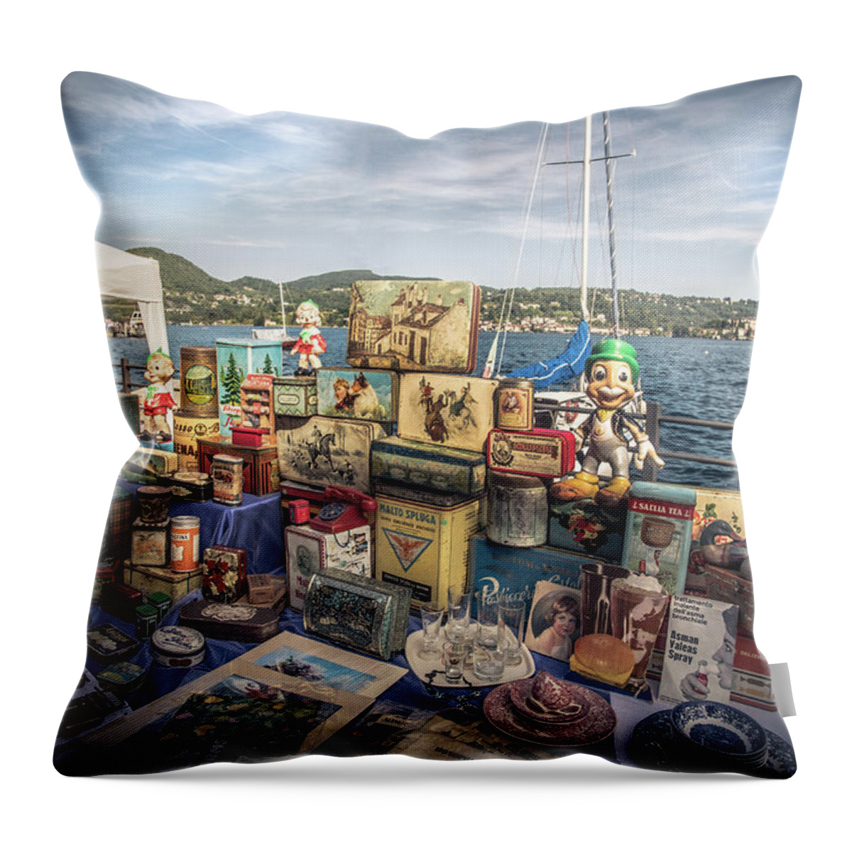 Orta Throw Pillow featuring the photograph Vintage Markeplace Stand On Lake Orta by Luca Lorenzelli