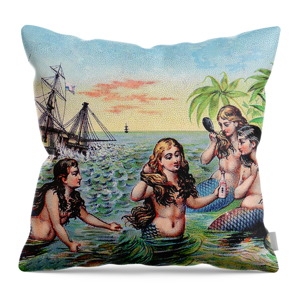 Mermaids Throw Pillow featuring the painting Vintage Mermaids and Schooner by Peggy Collins