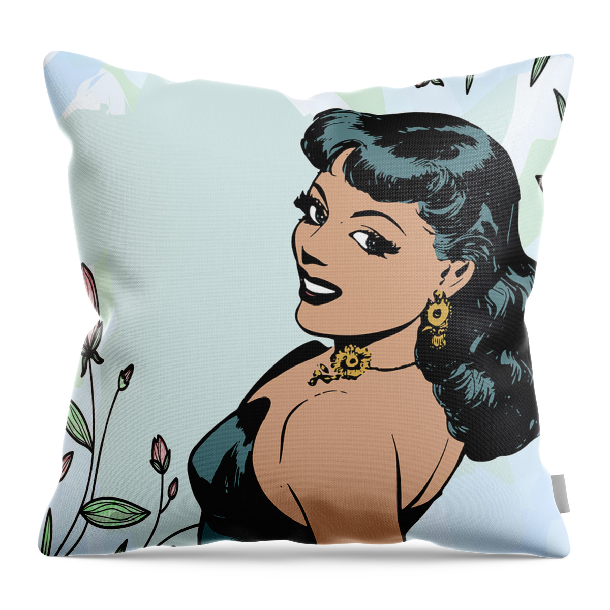 70s Throw Pillow featuring the drawing Vintage Portrait Of Beautiful Young Woman Floral Pattern Retro Style Floral Vintage Postcard by Mounir Khalfouf