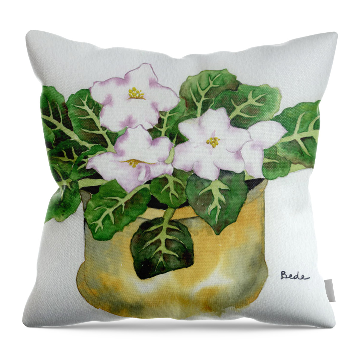 Africanviolet Pink Green Brass Throw Pillow featuring the painting Violet II by Catherine Bede