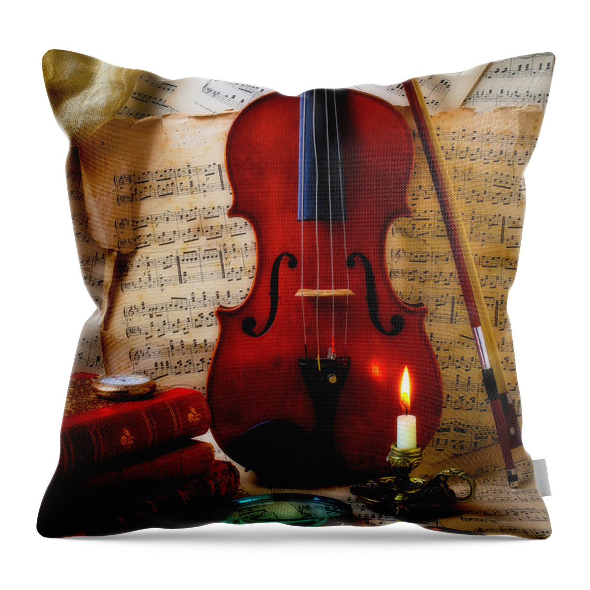 Violin Throw Pillow featuring the photograph Violin With Sheet Music And Candle by Garry Gay