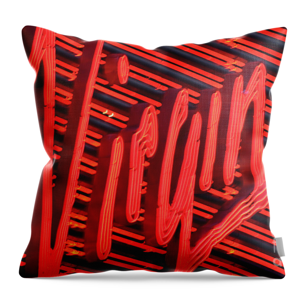  Virgin Record Store Throw Pillow featuring the photograph Virgin Neon Sign by Steven Spak