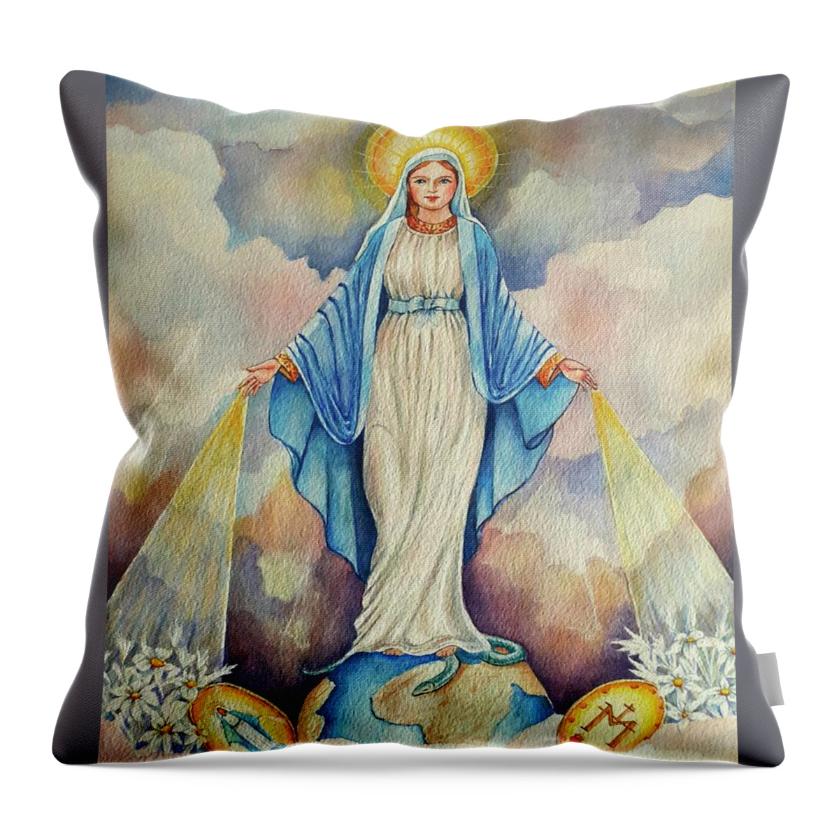 Virgin Throw Pillow featuring the painting Virgin of miracles by Carolina Prieto Moreno