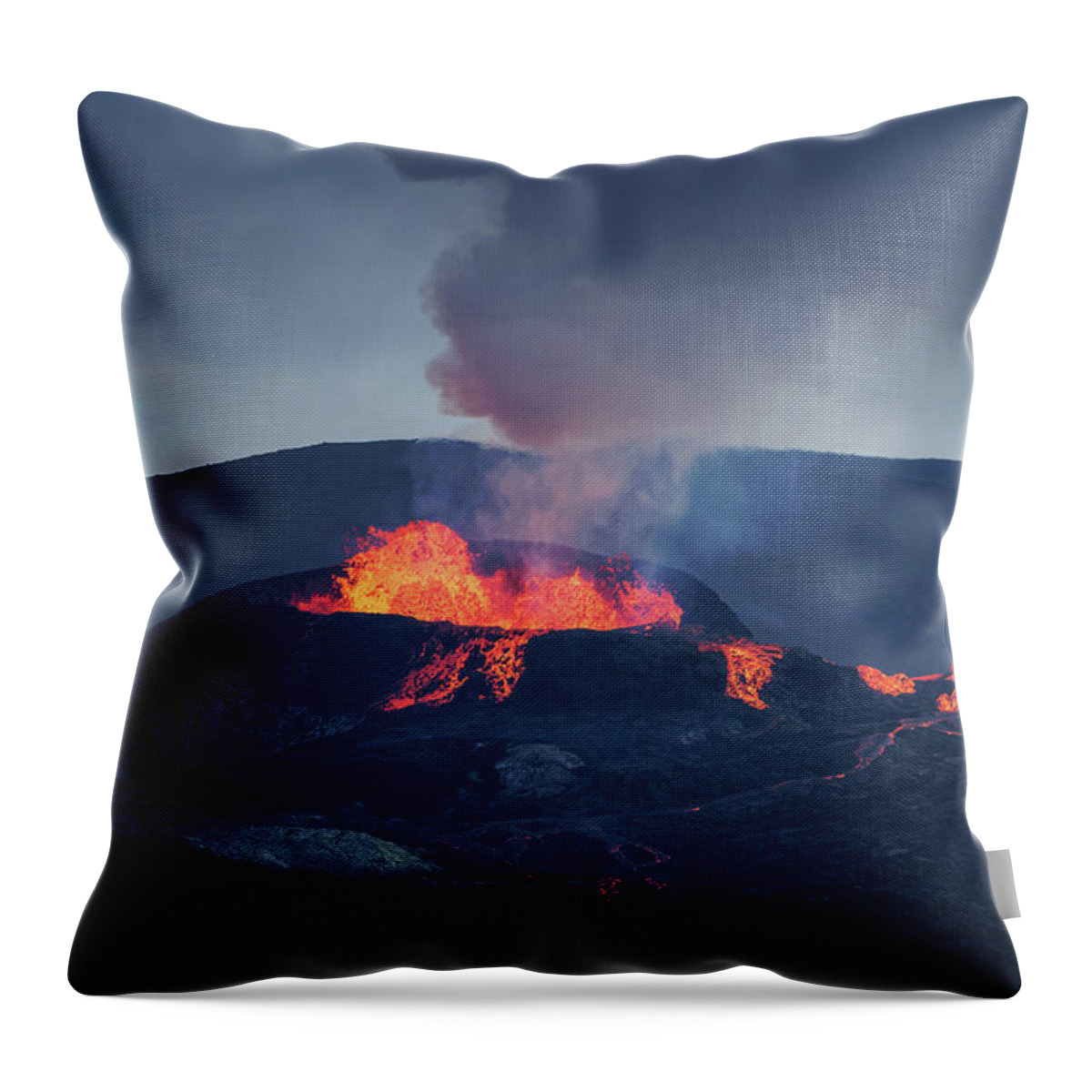 Volcano Throw Pillow featuring the photograph Volcano eruption in Iceland by Delphimages Photo Creations