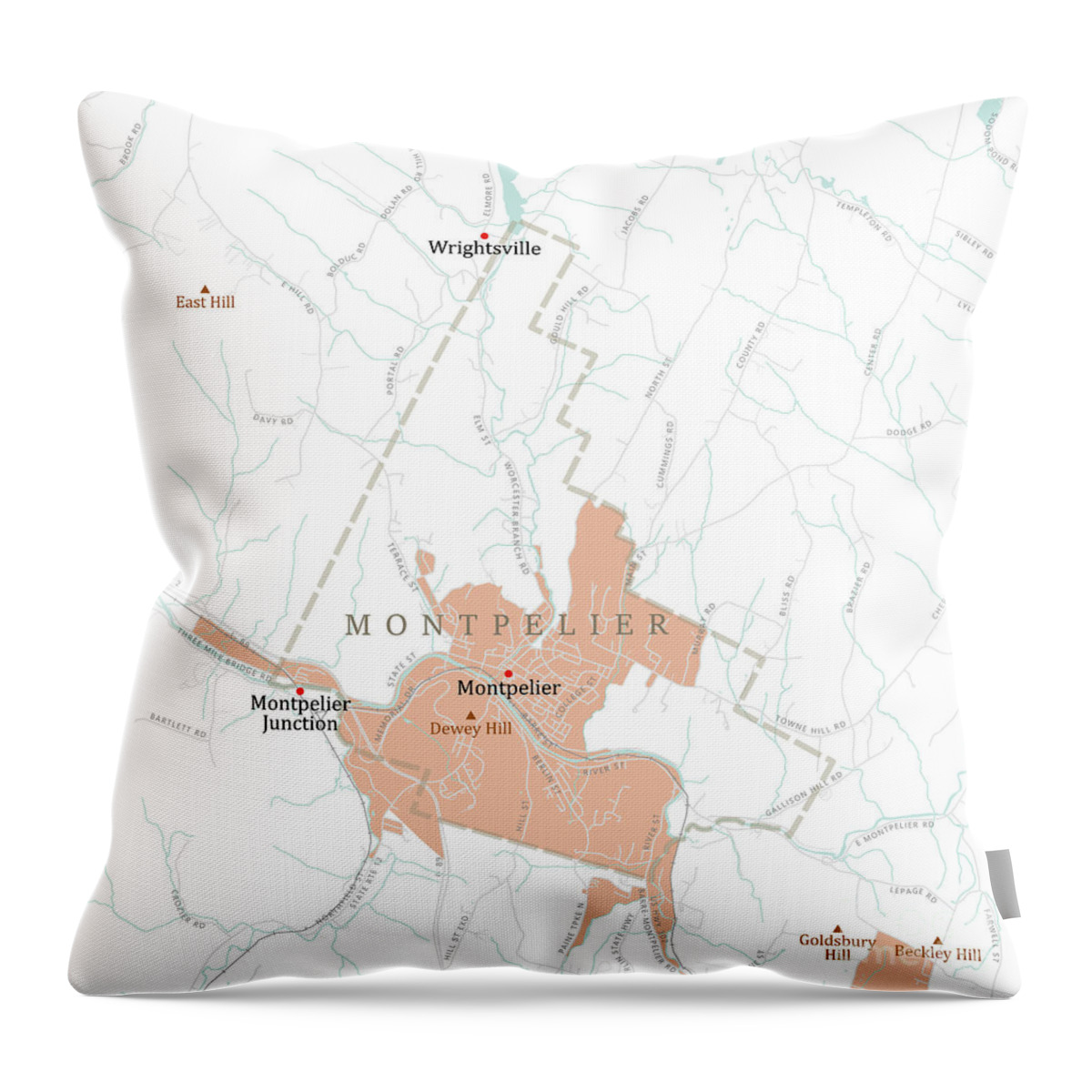 Vermont Throw Pillow featuring the digital art VT Washington Montpelier Vector Road Map by Frank Ramspott
