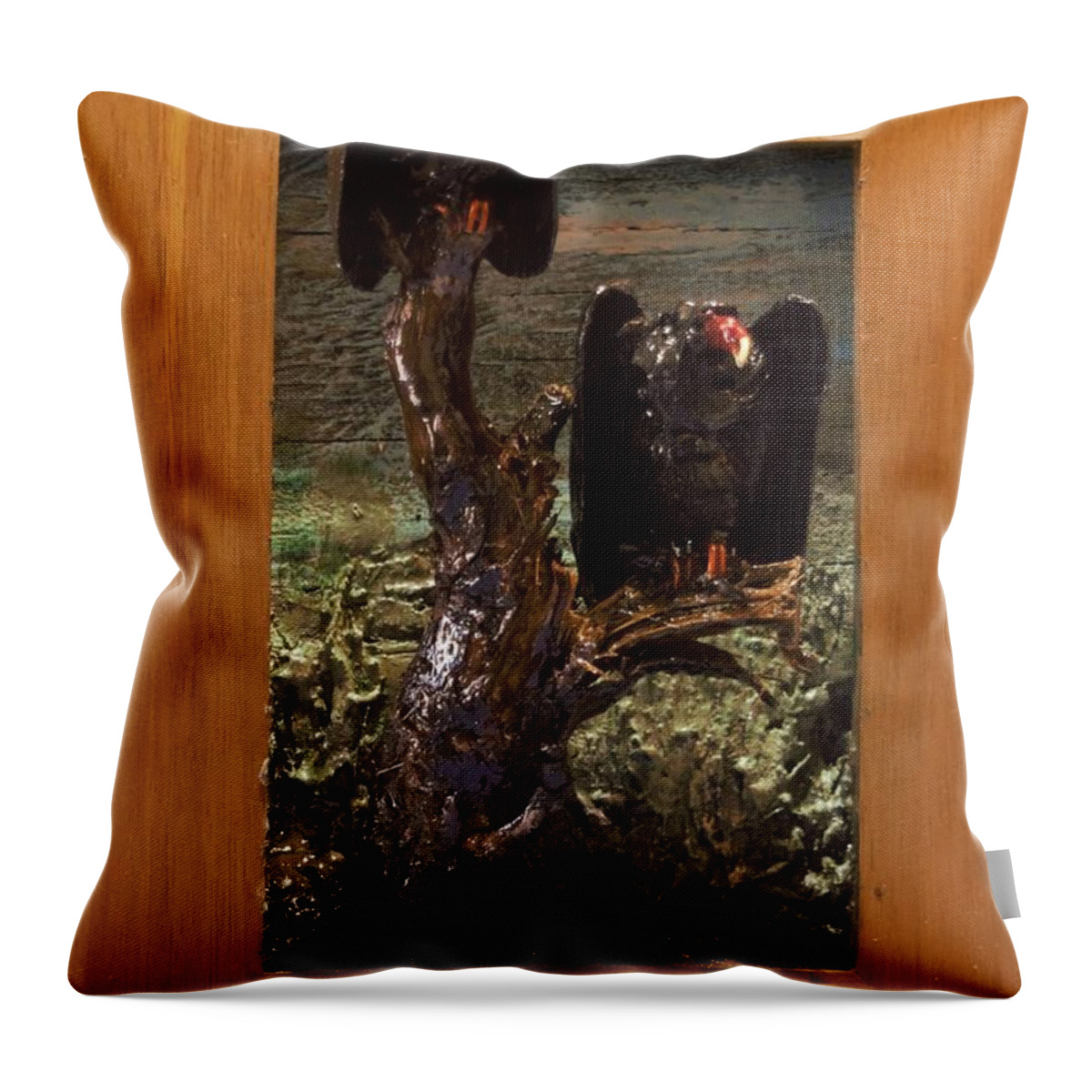 Perched Vultures Throw Pillow featuring the mixed media Vultures Projecting from Frame by Roger Swezey