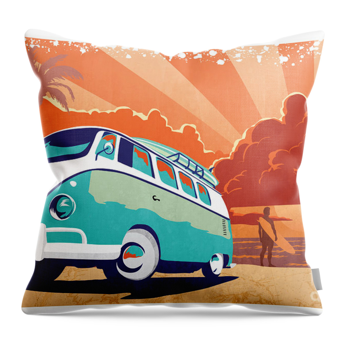 Kombi Throw Pillow featuring the painting VW Kombi Surf paradise by Sassan Filsoof