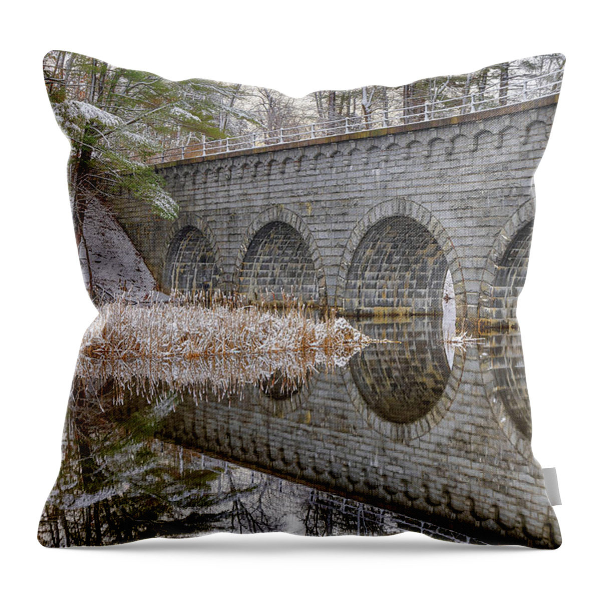 Wachusett Aquaduct Throw Pillow featuring the photograph Wachusett Aquaduct Bridge Winter Wonderland by Juergen Roth