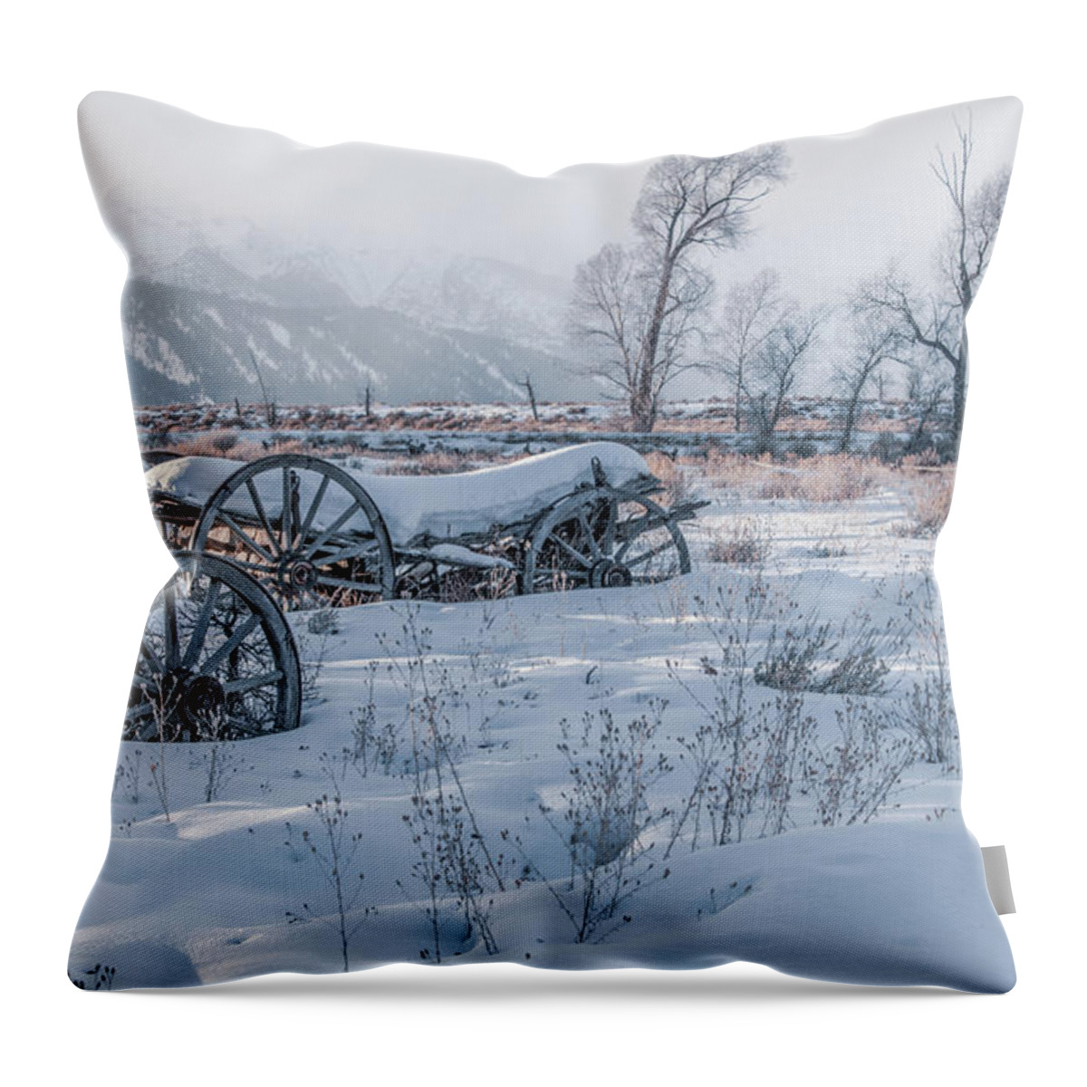 Grand Teton National Park Throw Pillow featuring the photograph Wagons in the Snow, Grand Tetons by Marcy Wielfaert