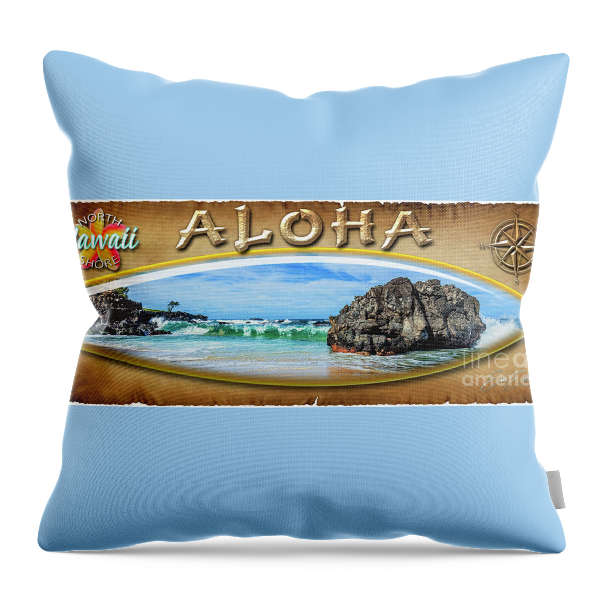 Waimea Bay Throw Pillow featuring the photograph Waiamae Bay Diving Rock Set North Shore Surf Board by Aloha Art
