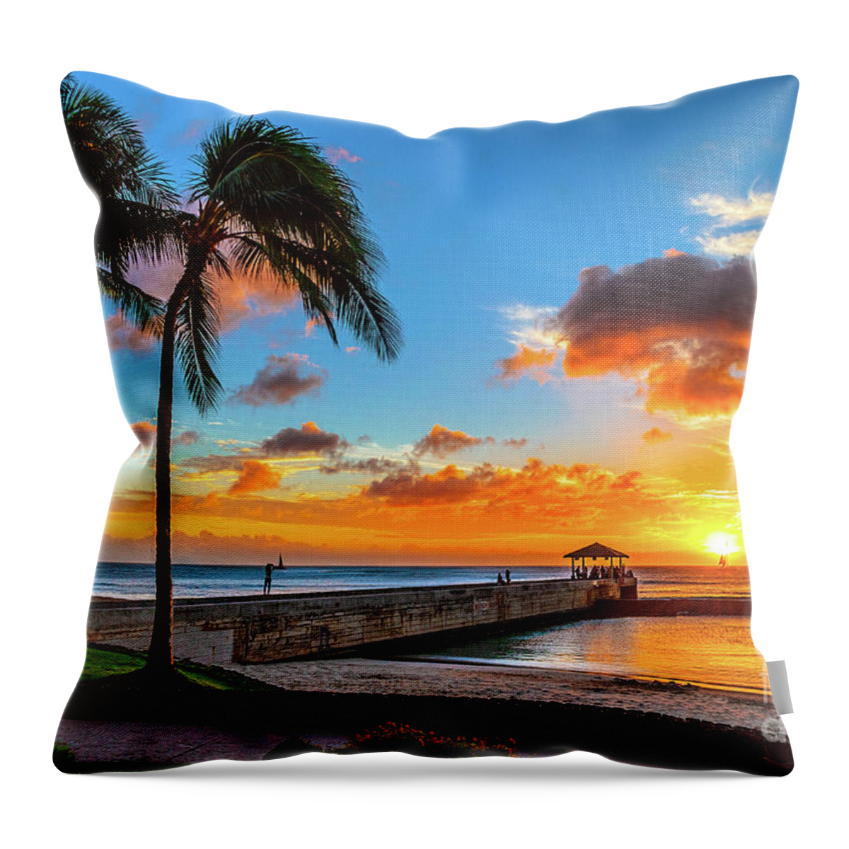 Waikiki Sunset Throw Pillow featuring the photograph Waikiki Sunset off of the Pier by Aloha Art