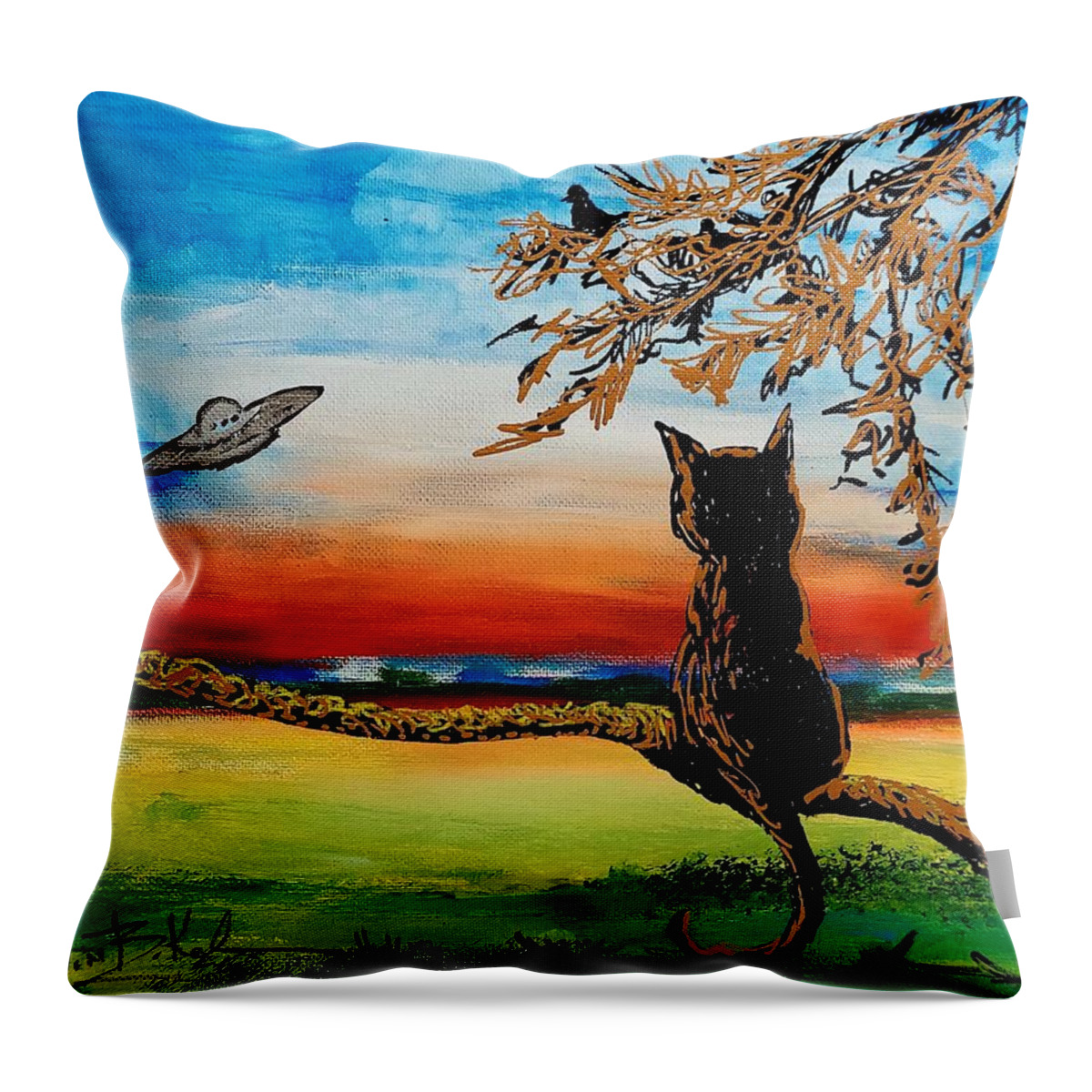 Kittie Throw Pillow featuring the painting Wait a minute by Jan VonBokel