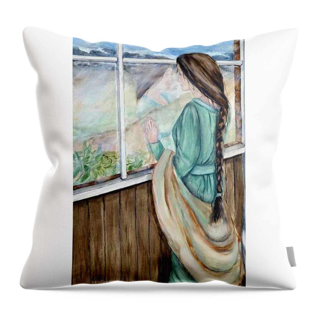 Young Girl Throw Pillow featuring the painting Waiting For Her Dreams by Kelly Mills