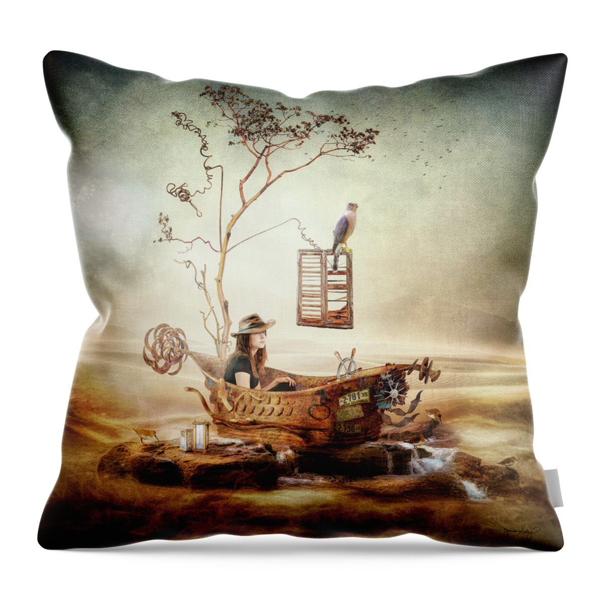 Steampunk Throw Pillow featuring the digital art Waiting for the Wind by Merrilee Soberg