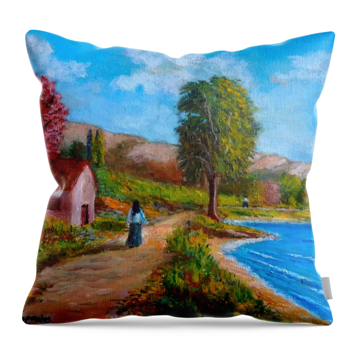 Nature Throw Pillow featuring the painting  Walk Beside The Sea by Konstantinos Charalampopoulos