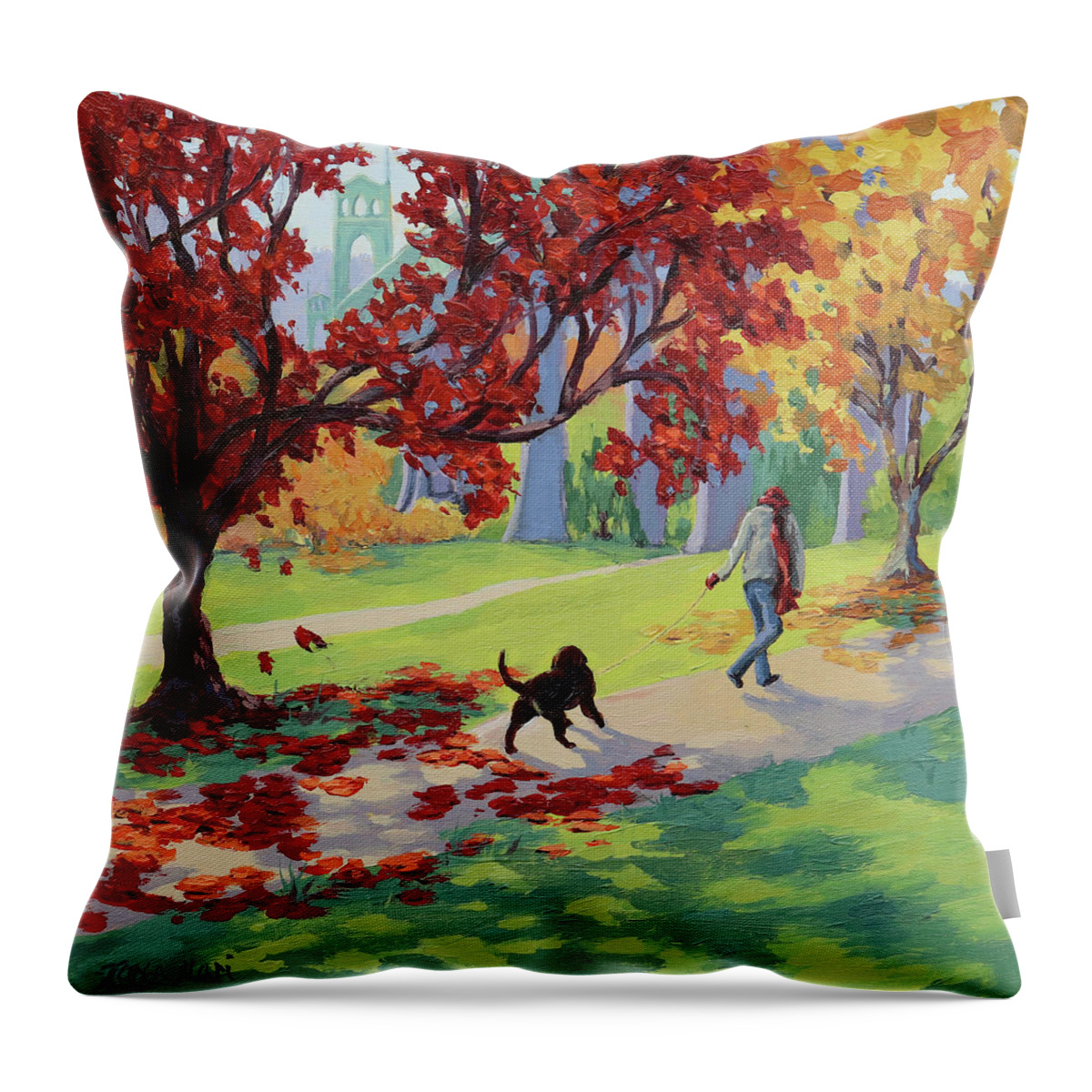 Portland Throw Pillow featuring the painting Walk in the Park by Karen Ilari