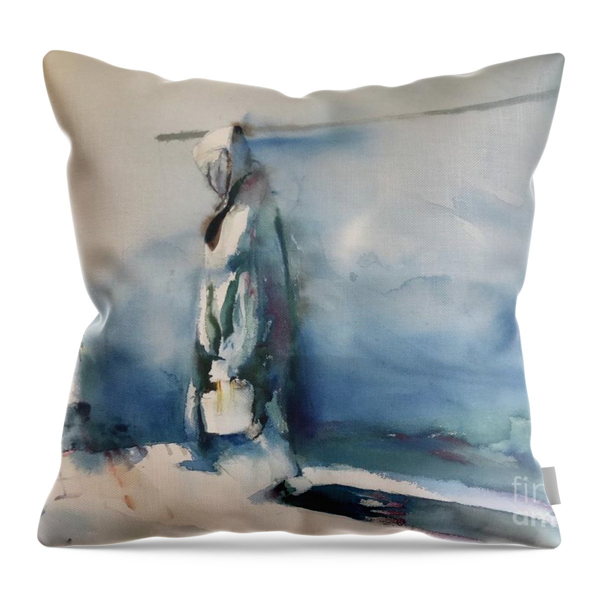 #walkintothesun #man #walking #morocco #watercolor #watercolorpainting #glenneff #picturerockstudio #thesoundpoetsmusic Throw Pillow featuring the painting Walk Into the Sun by Glen Neff