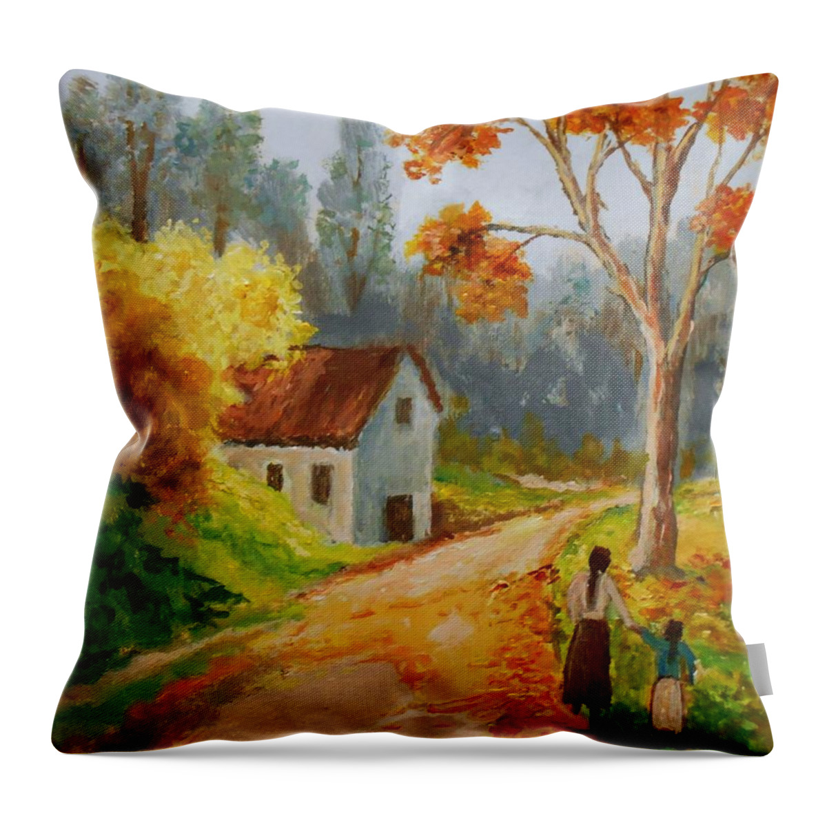 Autumn Throw Pillow featuring the painting Walk In Autumnal Forrest by Konstantinos Charalampopoulos