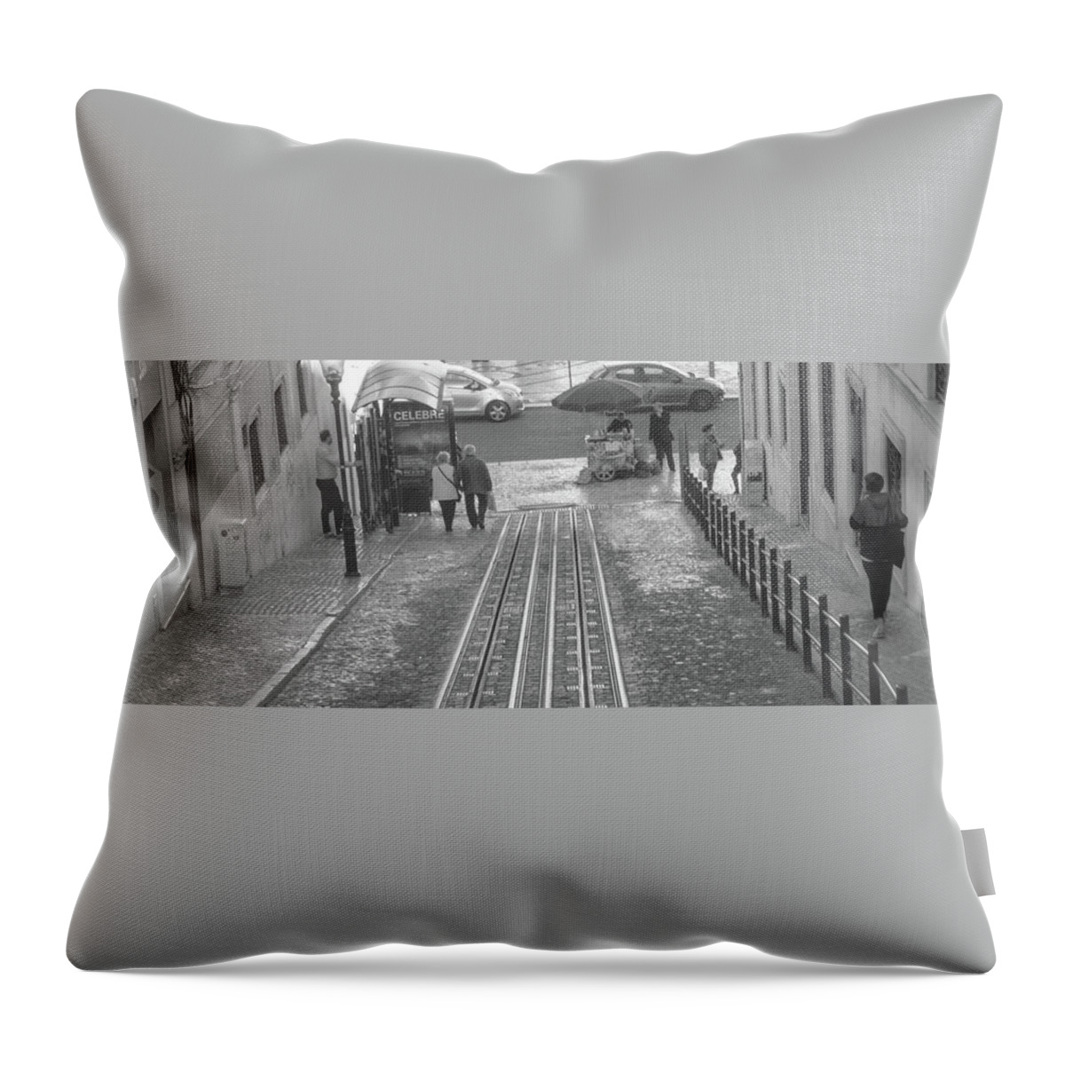 Lisbon Throw Pillow featuring the photograph Walking by the rails - Lisbon by Christina McGoran