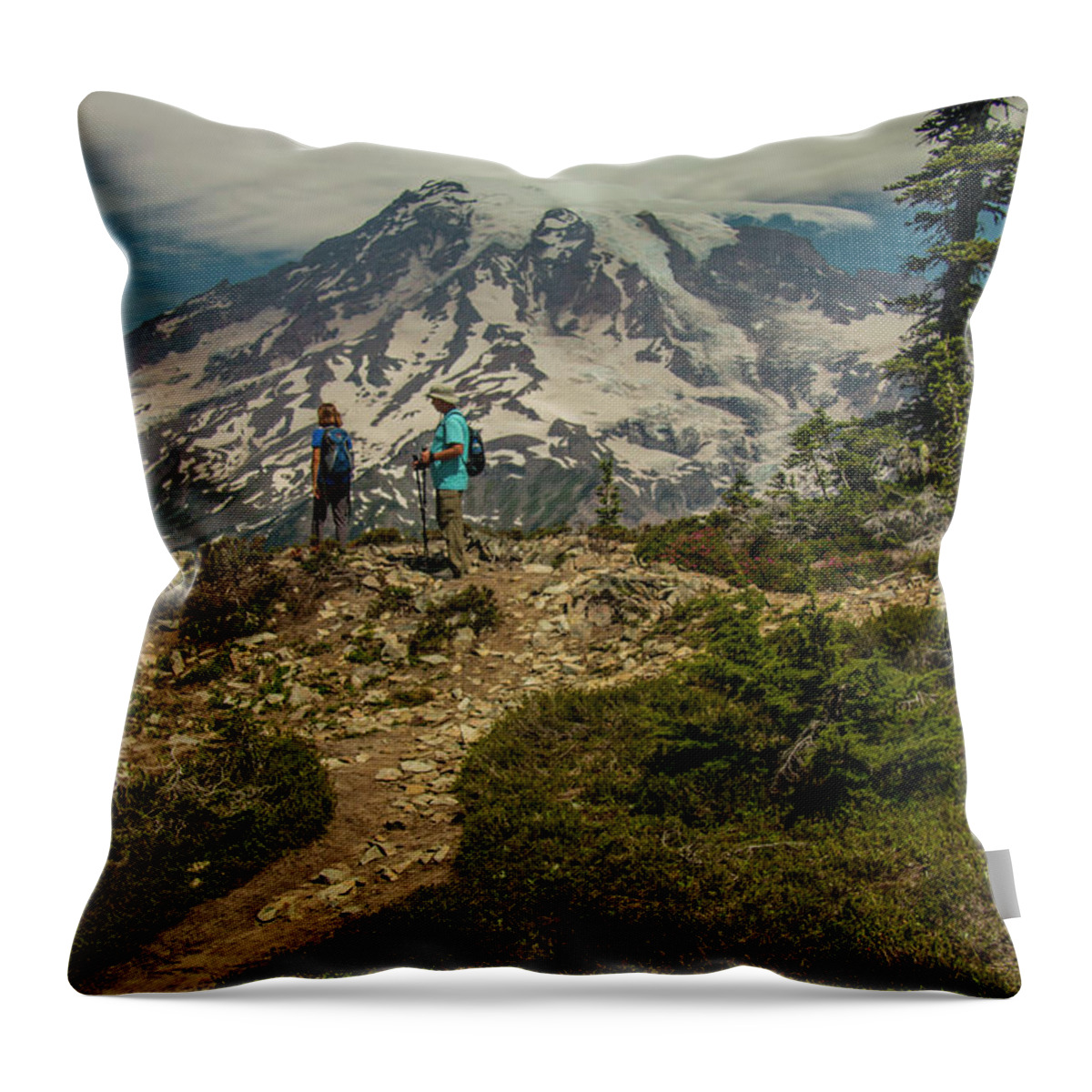 Mount Rainier National Park Throw Pillow featuring the photograph Walking in the Mountain's Shadow by Doug Scrima