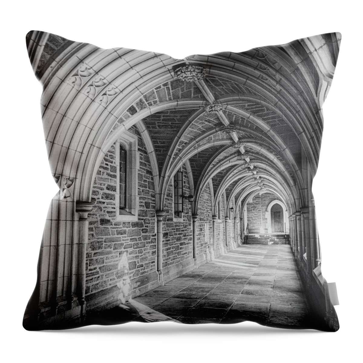 Architecture Throw Pillow featuring the photograph Walkway Arches at Holder Hall Black and White by Kristia Adams