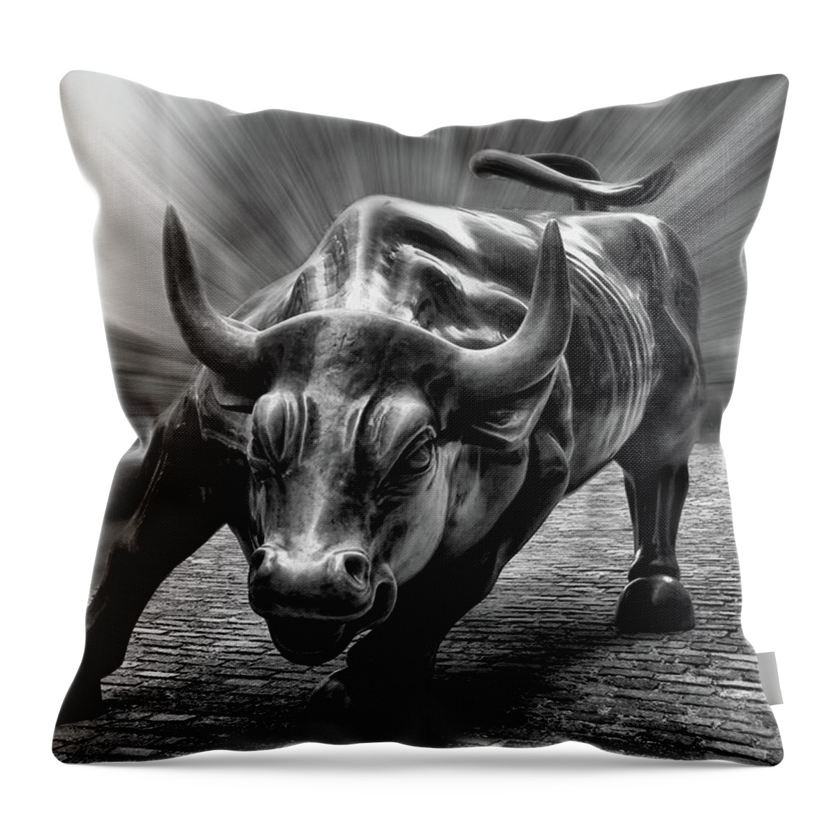 Wall Street Bull Black And White Throw Pillow featuring the photograph Wall Street Bull Black and White by Wes and Dotty Weber