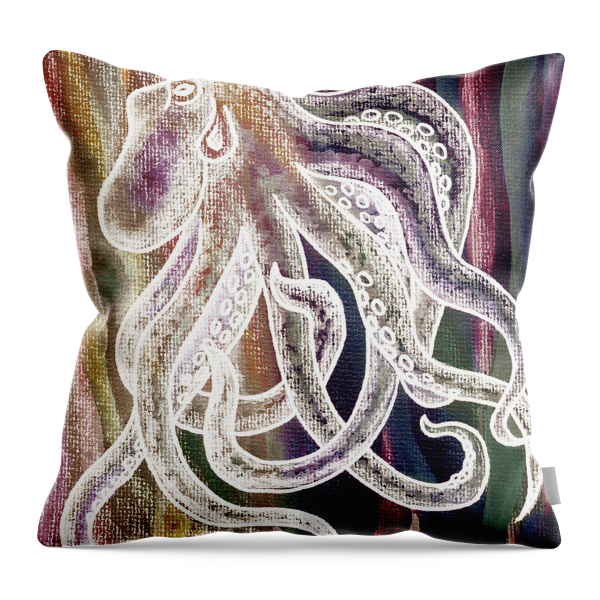 Octopus Throw Pillow featuring the painting Warm Beige Deep Red Sea Watercolor Octopus Beach Art by Irina Sztukowski