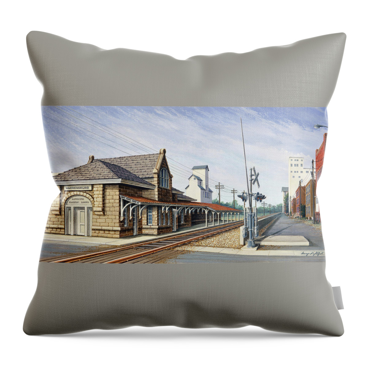 Architectural Landscape Throw Pillow featuring the painting Warrensburg Missouri Depot by George Lightfoot
