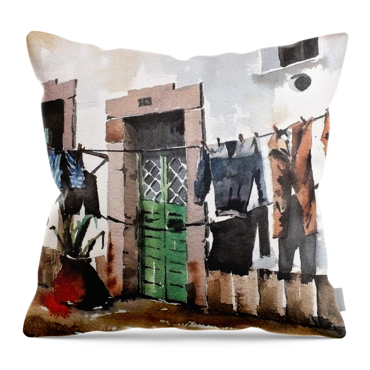 Luule House Pretending To Be A Washing Line ! Portugal Throw Pillow featuring the painting Washing Line in Luule, Portugal by Val Byrne
