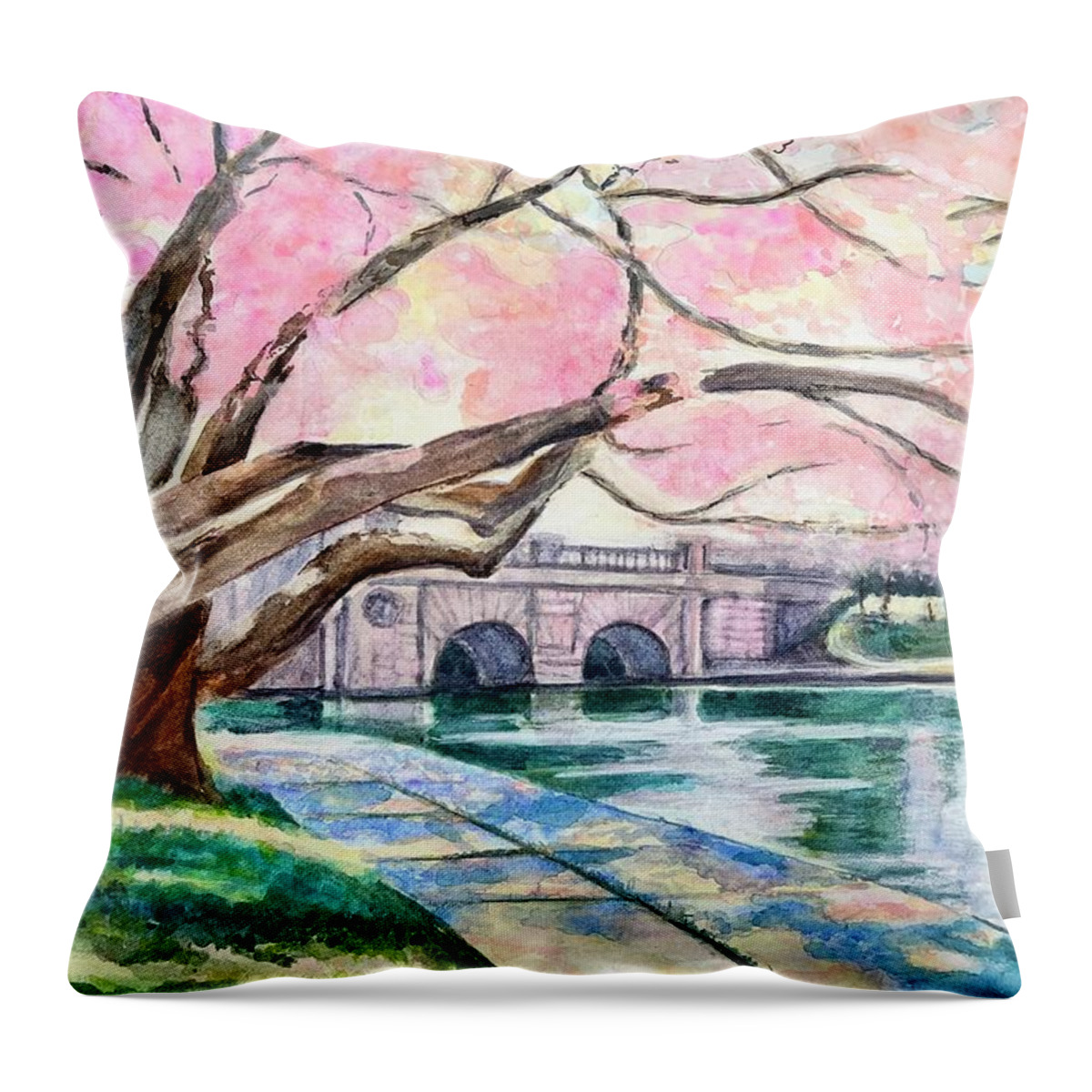 Tidal Basin Inlet Bridge Throw Pillow featuring the painting Washington DC Tidal Basin Inlet Bridge Cherry Blossoms by Patty Kay Hall
