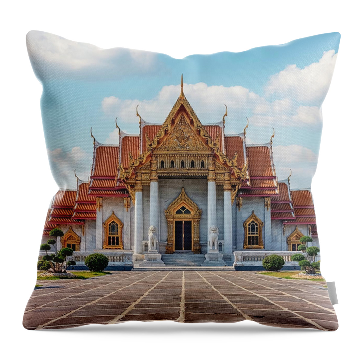 Ancient Throw Pillow featuring the photograph Wat Benchamabophit Temple by Manjik Pictures