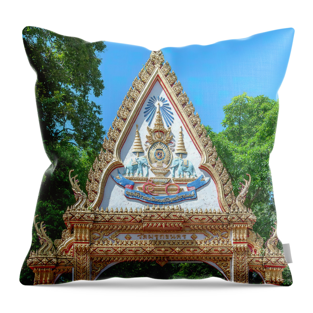 Scenic Throw Pillow featuring the photograph Wat Maruk Khanakhon Temple Gate DTHNP0058 by Gerry Gantt