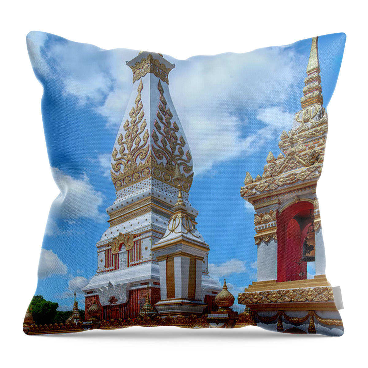 Scenic Throw Pillow featuring the photograph Wat Phra That Phanom Phra Chedi and Bell Tower DTHNP0010 by Gerry Gantt