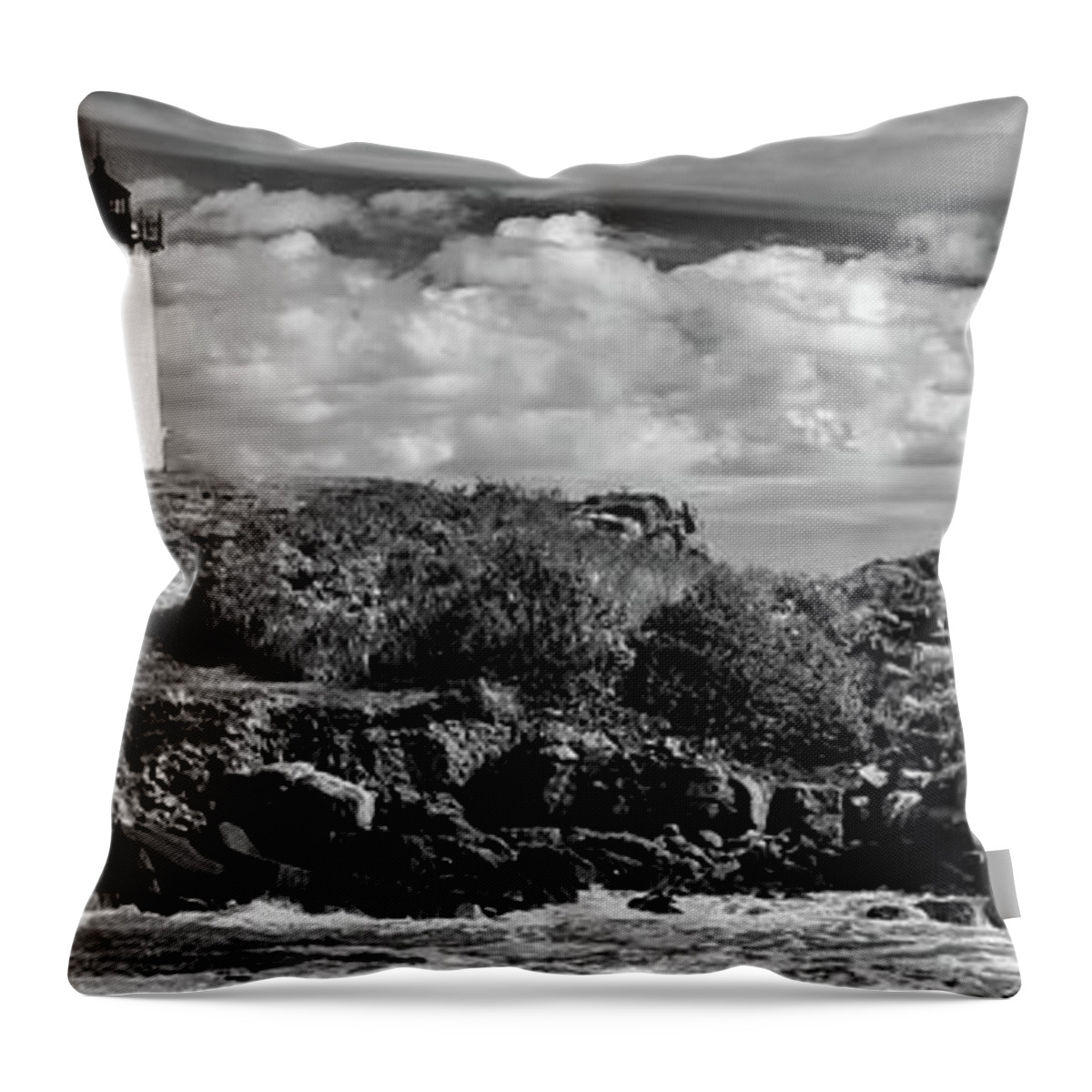 Nubble Lighthouse Throw Pillow featuring the photograph Watching the Waves at Nubble Lighthouse - Black and White by Gregory Ballos